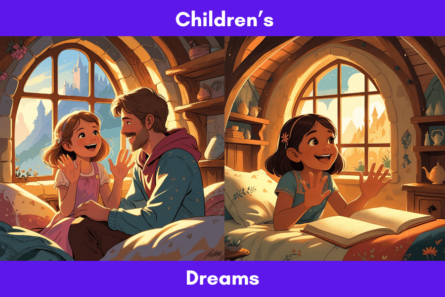 A father listens as his joyful 9-year-old daughter describes her first original dream, seated together in a cozy, sunlit fantasy cottage.